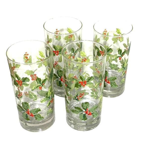Vintage Libbey glass Christmas water highball glasses green & red holly set of 4 - Picture 2 of 9